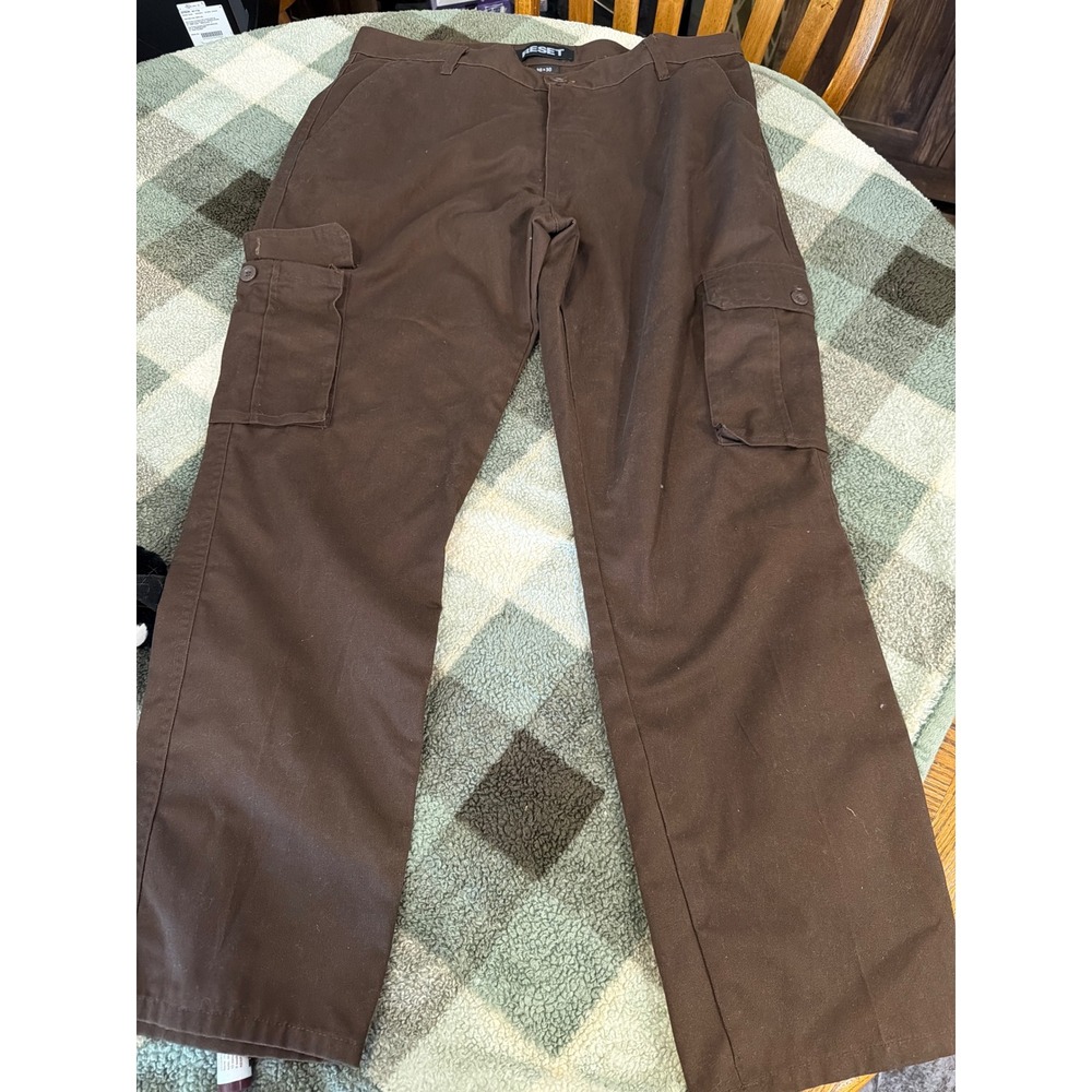 Reset Mens Cargo Pants Brown Straight Leg Utility Workwear Trousers 36x30